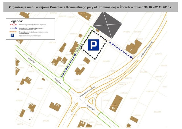 Wprowadzony zostaje ruch jednokierunkowy na ul. Komunalnej. Wjazd na parking przy cmentarzu będzie możliwy od ul. Rybnickiej, natomiast wyjazd w stronę al. Armii Krajowej.