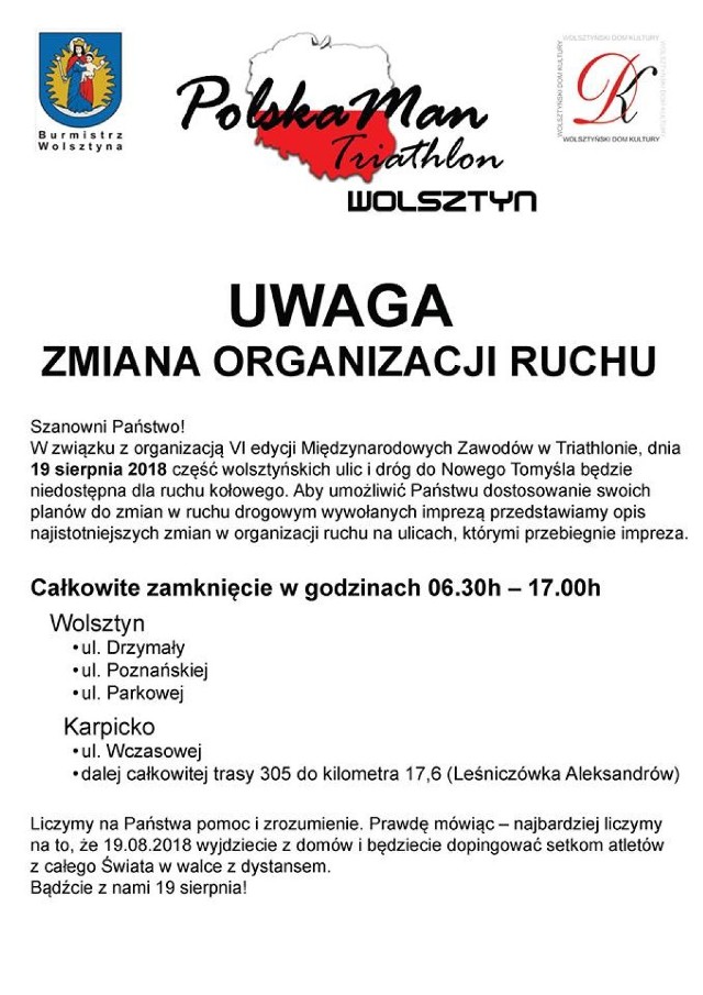 Triathlon w Wolsztynie - zmiana organizacji ruchu