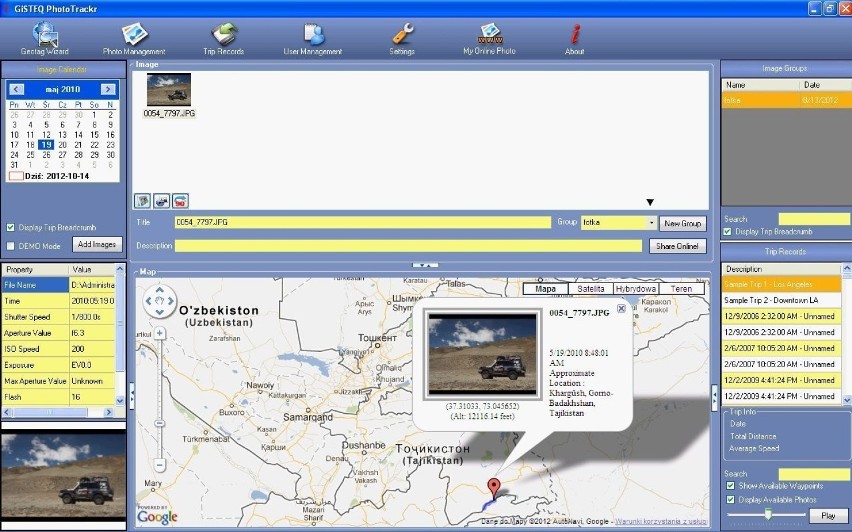 Przykładowy ekran programu Gisteq PhotoTrackr z załadowanym...