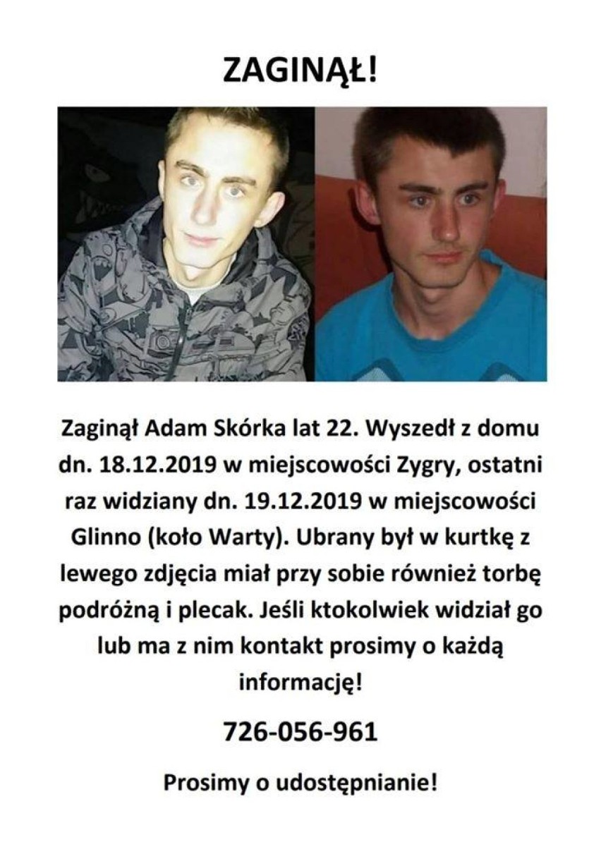 Zaginął Adam Skórka. 22 -latek ostatnio widziany był w gminie Warta. Rodzina prosi o pomoc[FOTO]