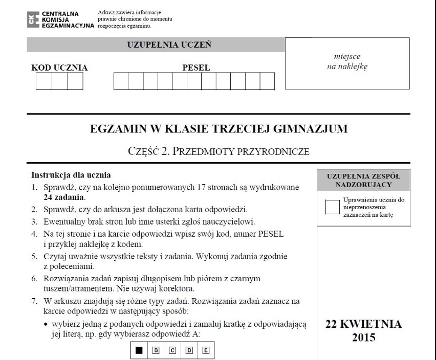 Egzamin gimnazjalny 2015, TESTY ONLINE: Część matematyczno - przyrodnicza [ARKUSZE, ODPOWIEDZI]