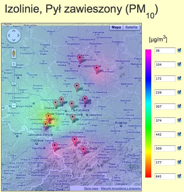 Stężenia pyłu zawieszonego o godz. 3 w nocy w niedzielę, 20 listopada zanotowane w stacjach na terenie woj. śląskiego