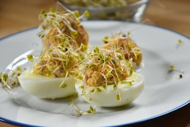 Wielkanocne jajka faszerowane żółtym serem gouda z dodatkiem szynki i majonezu to prosta i szybka do zrobienia przekąską. Kliknij obrazek i przesuwaj strzałkami.