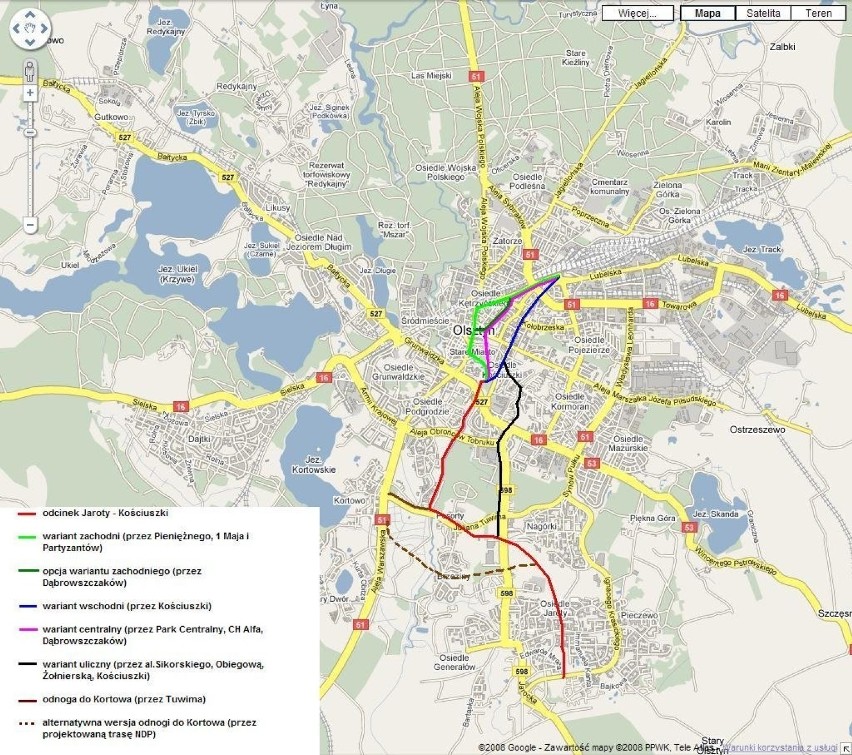 Warianty poprowadzenia linii tramwajowych w Olsztynie