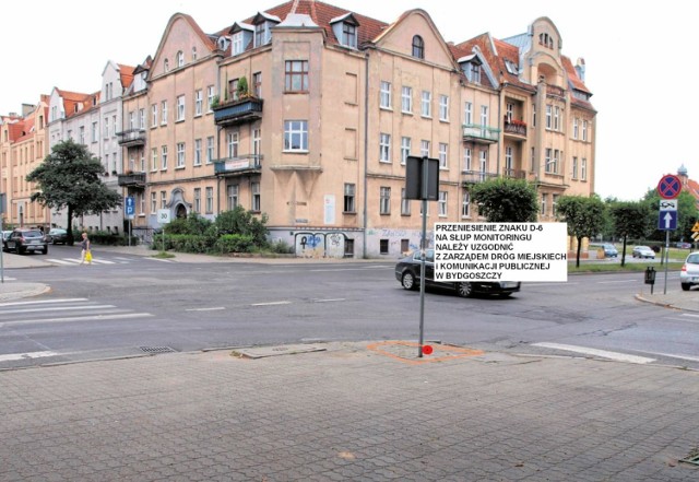 Ustalona i projektowana lokalizacja słupa z kamerami monitoringu  - zbieg ulic Paderewskiego i Mickiewicza