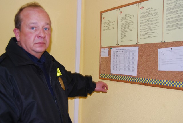 Grzegorz Szadkowski, komendant Straży Miejskiej przy swoim planie lekcji