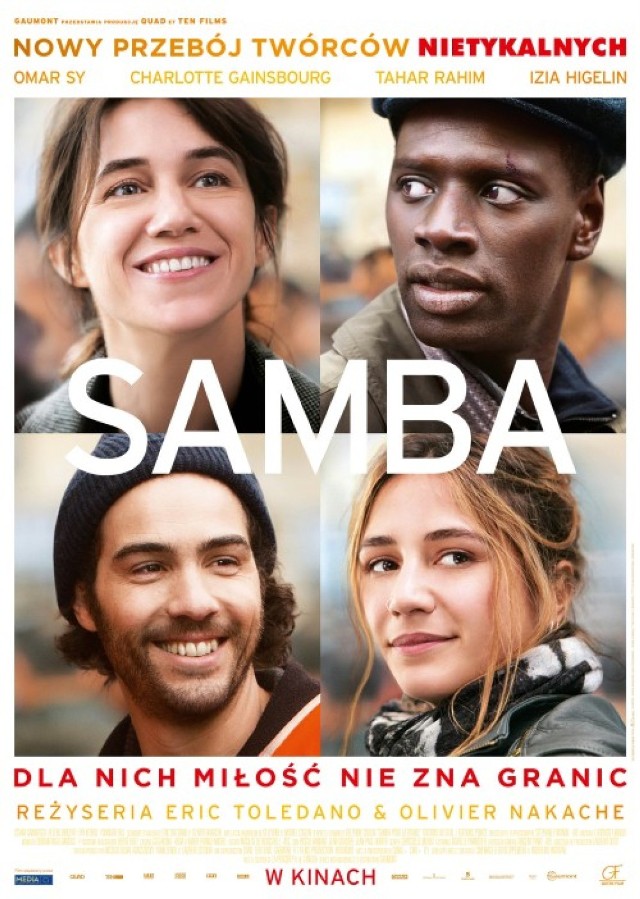 "Samba"

Dwa lata temu "Nietykalni przyciągnęli do kin na całym świecie rekordową publiczność - w samej Polsce 770 tys. widzów - stając się największym francuskim przebojem filmowym wszech czasów. Wiele swojego uroku zawdzięczali oni charyzmie występującego w głównej roli Omara Sy. Teraz aktor ponownie połączył siły z twórcami "Nietykalnych" w ich nowym, długo oczekiwanym filmie "Samba". Tym razem Omarowi Sy partneruje Charlotte Gainsbourg w nietypowej roli.
Samba (Sy) i Alice (Gainsbourg) pochodzą z dwóch różnych światów. On pracuje na zmywaku w paryskim hotelu, ona jest wolontariuszką, która po latach pracy w korporacji postanowiła przewartościować swoje życie i pomagać ludziom. Gdy wskutek biurokratycznej pomyłki Samba trafia do aresztu, jego sen o lepszym życiu pryska.
