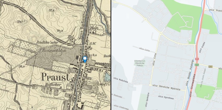 Jak wyglądał Pruszcz Gdański w XIX wieku? Zobacz historyczną mapę miasta i porównaj ją z obecnym planem!