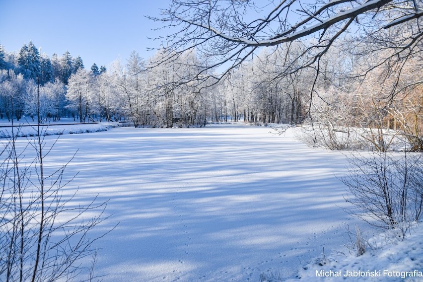 Szczawno - Zdrój i zamarznięty zimą staw na Wzgórzu Gedymina