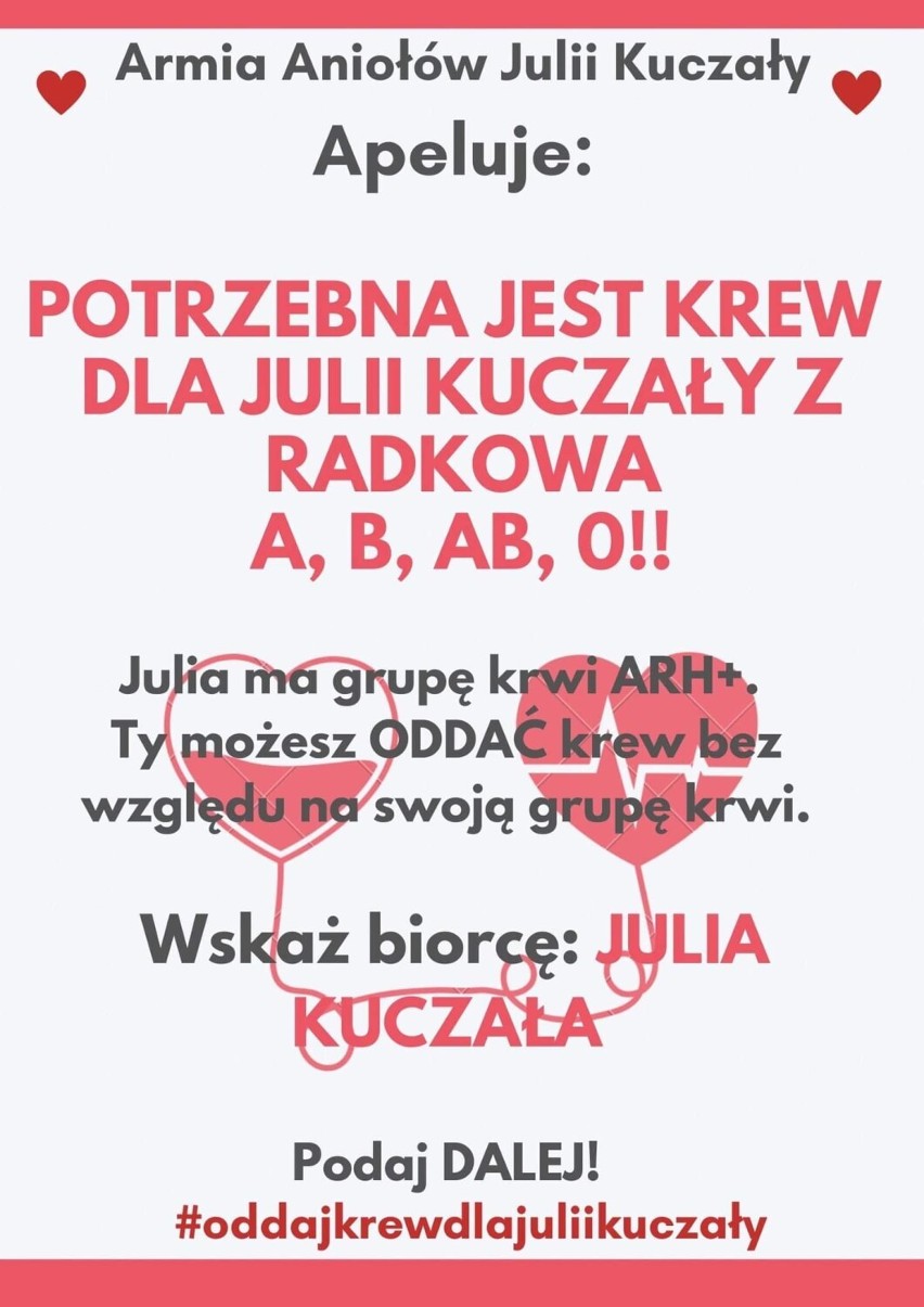 Julia Kuczała z Radkowa potrzebuje pomocy! Możesz oddać dla niej krew 