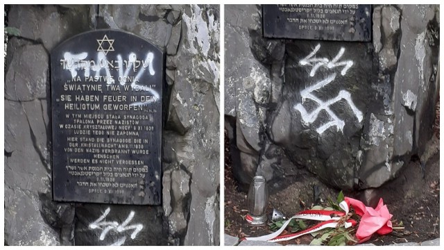 Skandaliczne napisy znalazły się na pomniku upamiętniającym synagogę w Opolu. Sprawcy tego czynu szuka policja.