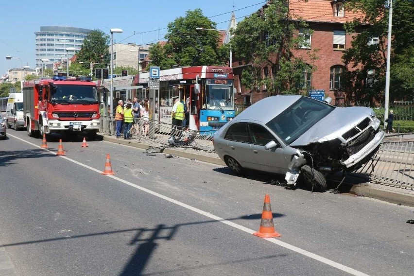 Wrocław. Groźnie wyglądający wypadek. Audi wpadło na przystanek. Zobacz zdjęcia!