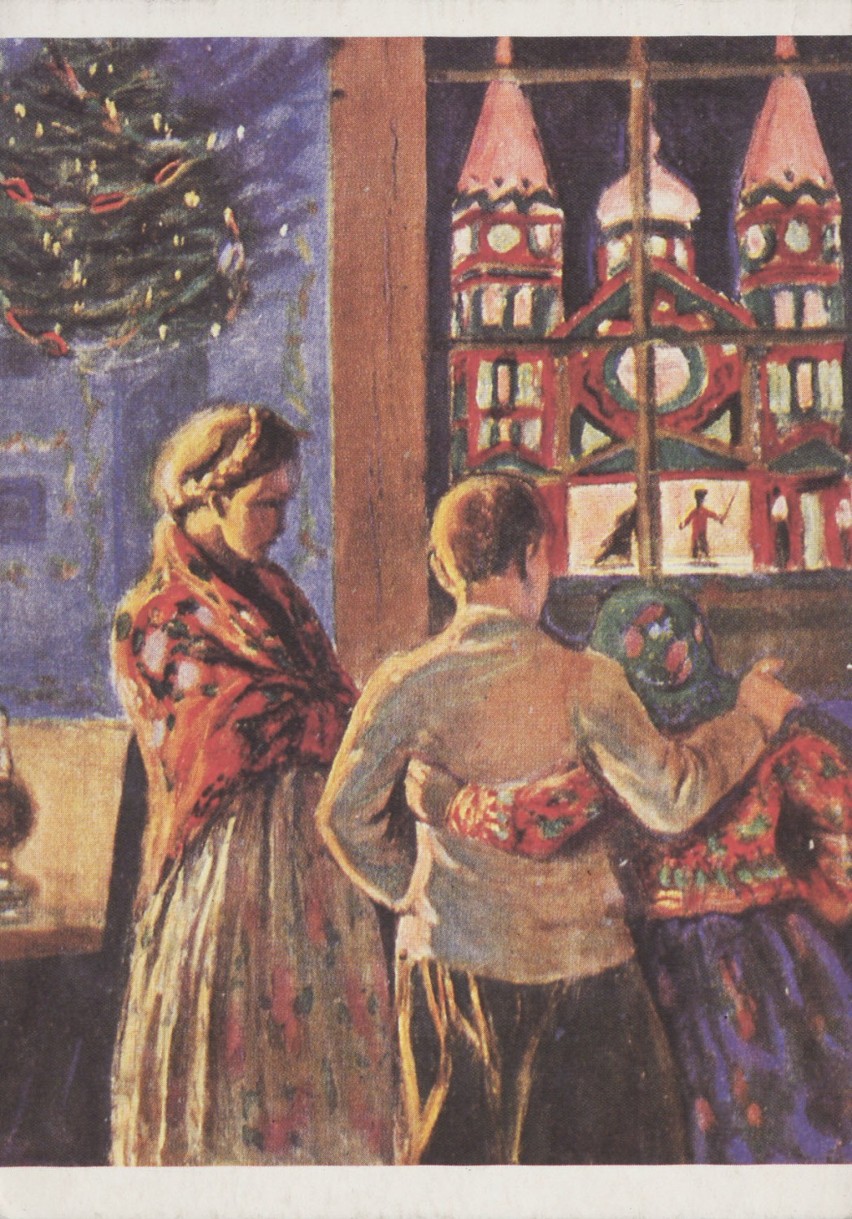 Rodzinne święta i stroje ludowe - kartka bożonarodzeniowa z lat 60.