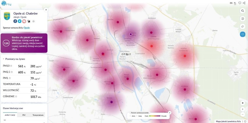 Mapa zanieczyszczeń powietrza w Opolu - niedziela 20...